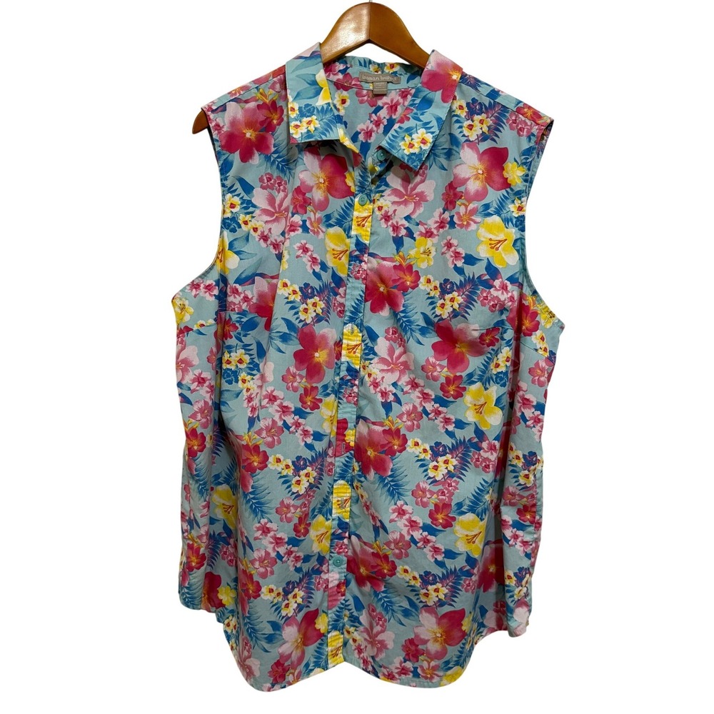 Woman Within Women Sleeveless Button Down 1X Blue Floral Tropical Summer Resort